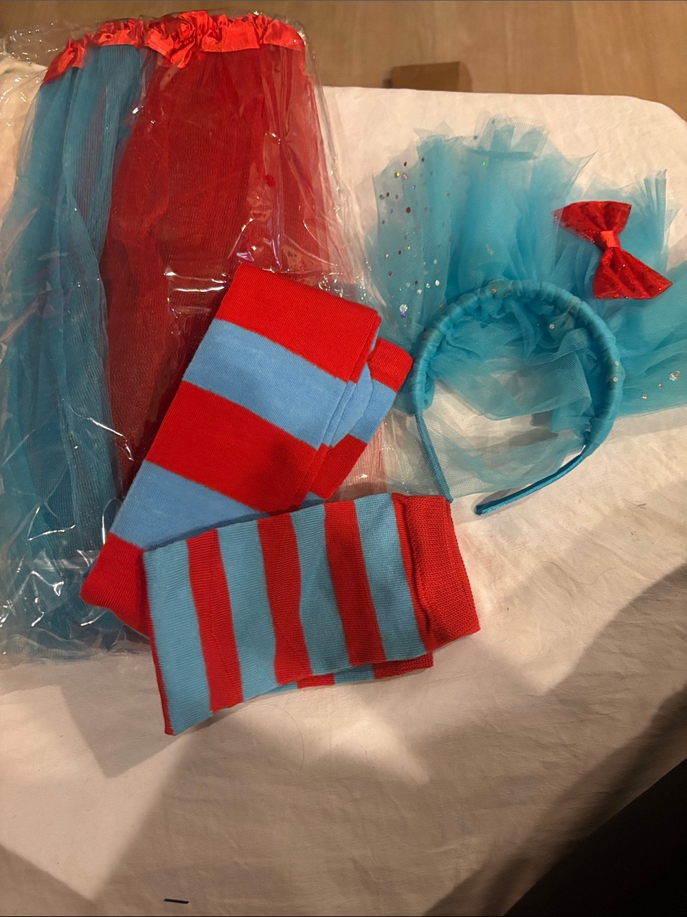 Large Blue & Red Tulle Headband and Striped Leg Warmers Costume Set